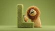 © Muslima - Cute cartoon lion peeking over grassy letter L with horse.