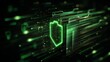 © S A H I N  - Digital security shield icon in abstract data stream background