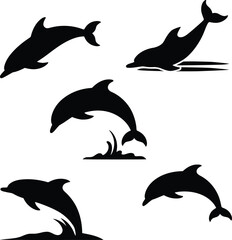  Black silhouettes of dolphins in various swimming positions