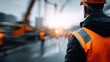 © Dmitriy - Civil engineer overseeing a busy construction site with cranes and workers, emphasizing responsibility and active supervision.
