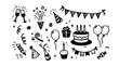 © 112211 studio  - Birthday doodle icon element. Hand drawn sketch doodle birthday cake, balloon, event decoration element. Party, carnival celebration concept background. Isolated PNG Vector illustration.