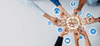 © InfiniteFlow - A vibrant image showcasing diverse hands grasping interconnected gears, representing teamwork and collaboration within a modern business environment. Amity