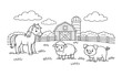 © ieps - Cute cartoon farm animals including a horse, sheep, and pig with a barn in the background