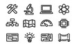 © PAPA STOCK - Set of technology and science line icons including tools microscope laptop atom flowchart map speedometer chip browser lightbulb circuit and
