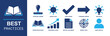 © Ella - Best Practices icon set. Containing approval stamp, check mark, idea bulb, knowledge book, progress chart, report, target goal, user profile, forward arrow and more. Solid fill vector icons