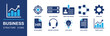© Ella - Business Structure icon set. Containing target, servers, employee badge, flowchart, gear, HR document, headset support, light bulb, note paper, trend chart and more. Solid fill vector icons
