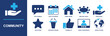 © Ella - Community icon set. Containing chat bubble, calendar, home, meeting table, helping hand, thumbs up, podium, star, video conference, globe and more. Solid fill vector icons for community apps