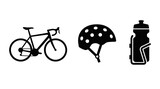 A collection of bicycle-related items in a silhouette format, including a bike, a helmet, and a water bottle