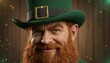 © antuanetto - Close-up of a cheerful bearded leprechaun face wearing a green hat, smiling for St. Patrick's Day celebration concept with festive bokeh lights