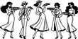 © Jarina - Five cartoon women in dresses and hats holding pies in hands  smiling female characters in illustration  various poses