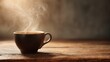 © Kura - crema. Steam rises from a coffee cup on a wooden counter, creating a cozy and inviting scene. bar promotions, beverage menus, designed for food & beverage menus and cafe branding.