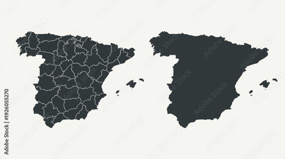 Spain Map with Provinces and Solid Silhouette. Detailed Vector ...