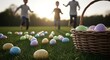 © FahVecStudio - Children joyfully search for colorful Easter eggs on a sunny spring lawn during a family outdoor hunt, embodying festive discovery and togetherness