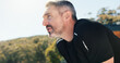 © peopleimages.com - Breathing, fitness and thinking with man outdoor for fatigue, sports or training routine as runner. Exercise, tired and vision with mature person in neighborhood for recovery, rest or workout