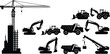 © Mou - Construction Site Equipment Silhouette Set, Tower Crane Building Vector, Excavator Dump Truck Crawler Collection, Heavy Machinery Industrial Infrastructure Development Illustration Pack (20 words)