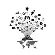 © shahbaz - Black and white illustration of business icons radiating from a global map base