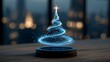 © Julia - Glowing teal Christmas tree perched on a shiny stand, with bokeh city lights in the background