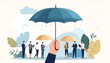 © Ary - Hand Holding Umbrella Protecting Tiny Office Workers from Storm, Business Protection and Leadership Concept