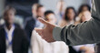 © peopleimages.com - Hand, speaker and speech to crowd in seminar for insight, knowledge and career development. Summit event, person and keynote address to business audience for industry trends, learning and information