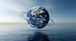 © Jenong - A serene globe floating on calm waters, surrounded by ripples and splashes, capturing a moment of tranquility and global unity from a unique aerial viewpoint