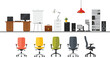 © Shefali - Modern office furniture set including ergonomic chairs desks computers whiteboards and storage cabinets for professional workspace vector illustration isolated.
