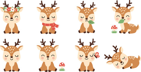  Cute Baby Deer Cartoon Set with Different Poses Forest Elements and Kawaii Woodland Animal Flat Vector Illustration.