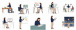 © Haimura - Flat Illustration of Woman in Different Workplace Scenes Working at Desk