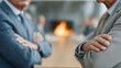 © pattozher - Business Encounter: A power-packed scene of two business leaders, arms crossed, engaged in a tense standoff in a boardroom, symbolizing strategic negotiation.