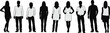 © Shahanaj - Diverse group of people silhouettes, men women standing poses, black shadow figures, various body types outfits, simple vector illustration, isolated characters