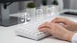 © MumarProject - Legal Icons on Transparent Screens Above Keyboard, Representing Digital Law and Online Justice Technology, Futuristic Legal Tech Mockup