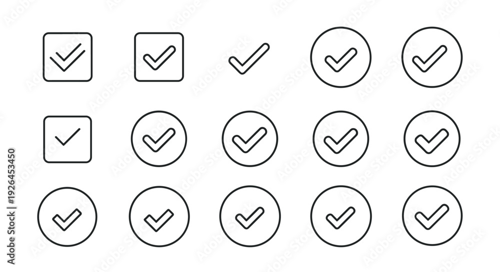 Comprehensive set of black line check mark icons and tick symbols in ...