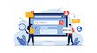 © Habib - Diverse people searching for employment online through a job search website with notifications and hiring symbols.