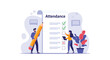 © Habib - Modern flat illustration of students or employees checking an attendance list on a giant clipboard with a large pencil.