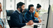 © P2000/peopleimages.com - Telemarketing, coworkers and laughing in call center with computer, life insurance sale or joke. Happy, people or funny conversation in office with desktop, financial service policy info and support.