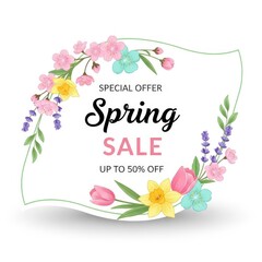  Spring sale promotion featuring flowers and discount offer up to fifty percent off