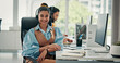 © P2000/peopleimages.com - Portrait, woman and headset with smile in call center for customer service, assistance and help desk. Happy, advisor and coworking with computer, contact us and representative for technical support