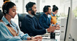 © P2000/peopleimages.com - Call center, computer and man with advice, help desk an communication with coworking. Employees, consultation and people with pc, headset and contact us with billing inquiry, crm and customer support
