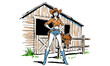 © Babski - Strong cowgirl pinup illustration. Western fashion woman standing by the rustic barn. Retro comic pop art style drawing.