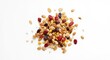 © AkuAku - Top view picture of oat cereal with dried fruits and sunflower seeds on pure white background space for text