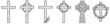© Ярослав Дацко - Christian cross collection with wooden crucifix, crown of thorns, celtic cross and wreath ornament, vintage line vector set on transparent background