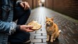 © lee - Teenager in denim jacket offering bread to a cautious orange stray cat on damp cobblestones in a narrow alleyway