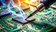 © MUZAQI - Soldering iron attaching microchip to circuit board with smoke rising from the connection