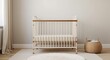 © CryptoCanvas - Tranquil nursery space with white metal crib and wooden frame accents