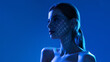 © master1305 - High tech poster side portrait woman with illuminated facial grid in blue light. Concept of advanced skin analysis technology, cosmetic clinic promo and futuristic skincare product marketing visual.