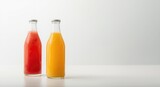 Three bottles containing juice with clean backdrop and copy space for text