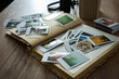 © mira_y - Collection of old photographs scattered on a wooden table with a camera nearby and a stack of more pictures beside them
