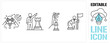 © Editable Line Icon - Editable line icon set - clean vector outline stroke for business strategy and leadership. Businessman looking through binoculars, planning chess pieces holding flag. Success, vision and achievement