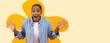 © Prostock-studio - A woman stands smiling with wide eyes and raised hands. She is in front of a bright background that adds color to the scene. The expression shows excitement and joy.