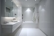 © Alfath - Modern all-white bathroom with sleek design, large mirror, recessed lighting, and minimal decor