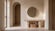© Jason - An interior hallway with a stone console table round mirror arched doorway and tiled floor bathed in sunlight